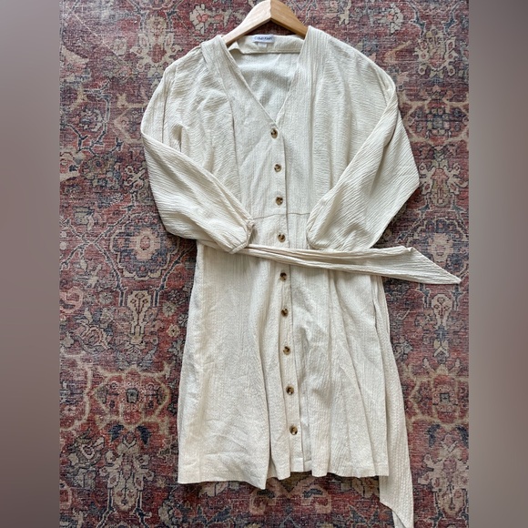 Calvin Klein Button Down Shirt Dress Womens 6 Medium Textured Belt Tie Waist - Picture 3 of 11